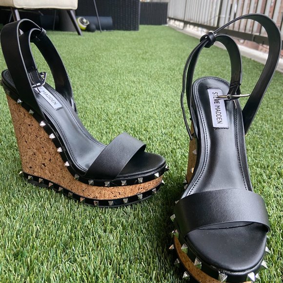Steve Madden | Shoes | Brand New Steve Madden Behati Size 75 Black Cork  Studded Heels | Poshmark
